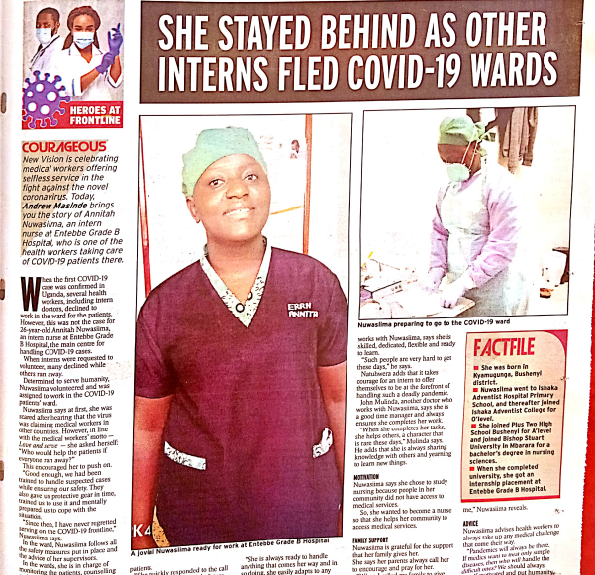 BSU’s Annitah Nuwasiima shines among Covid-19 front line team at Entebbe Grade B Hospital