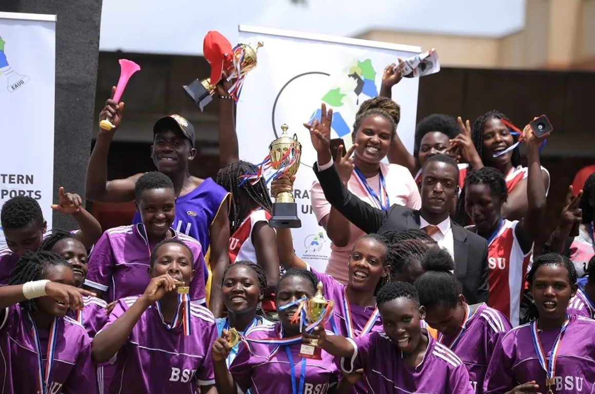 Bishop Stuart University celebrate with their third overall trophy at the 2022 FEAUS Women Games