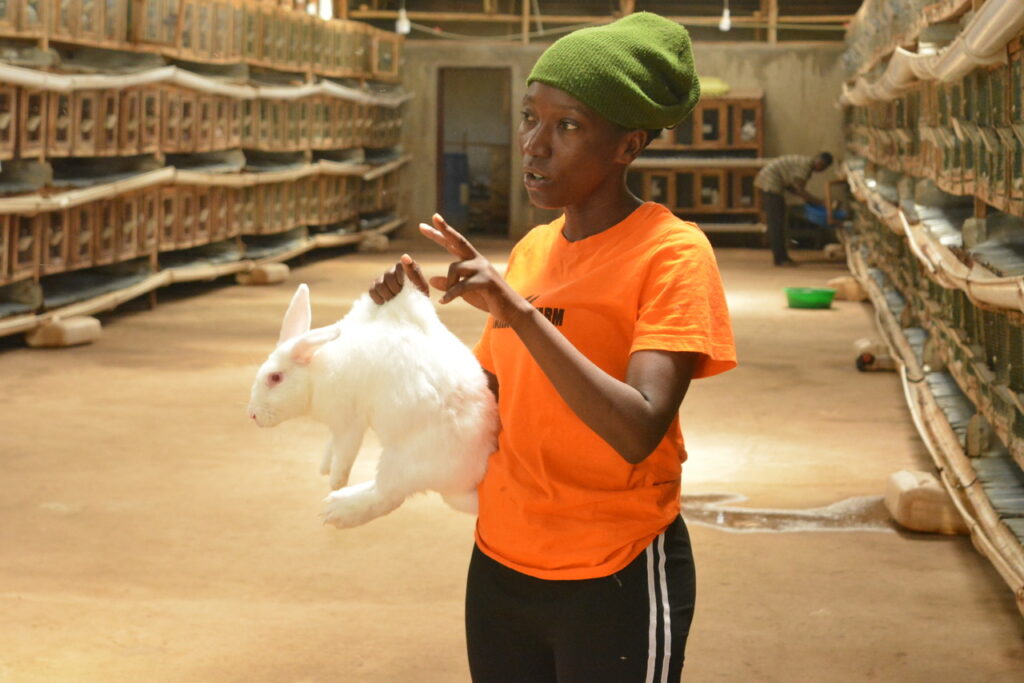 Miss. Nalukwago Naswirah demonstrating the rearing and keeping of rabbits